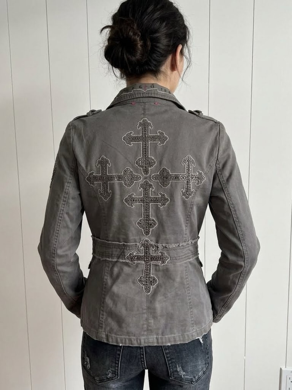 Miss Me Grey Boho Embellished Medium Jean Jacket